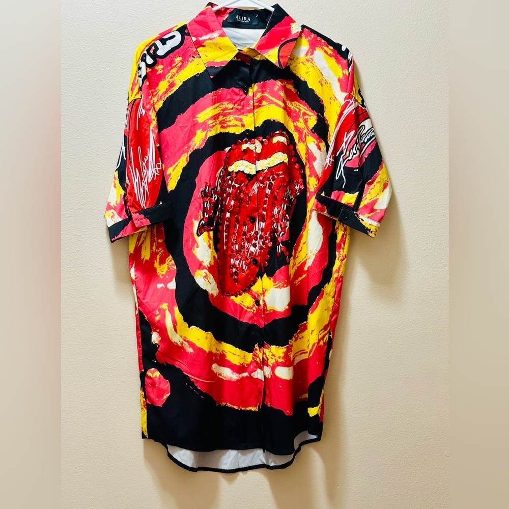 AKIRA Rolling Stones Sequin Tongue Shirt Dress Graphic Button Front Size M